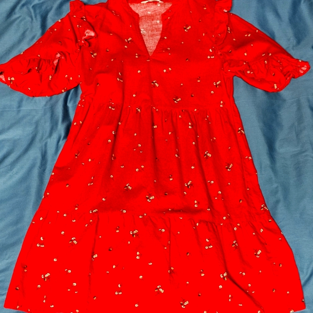 Goodthreads Women's Washed Linen Tiered Dress, Red, XS